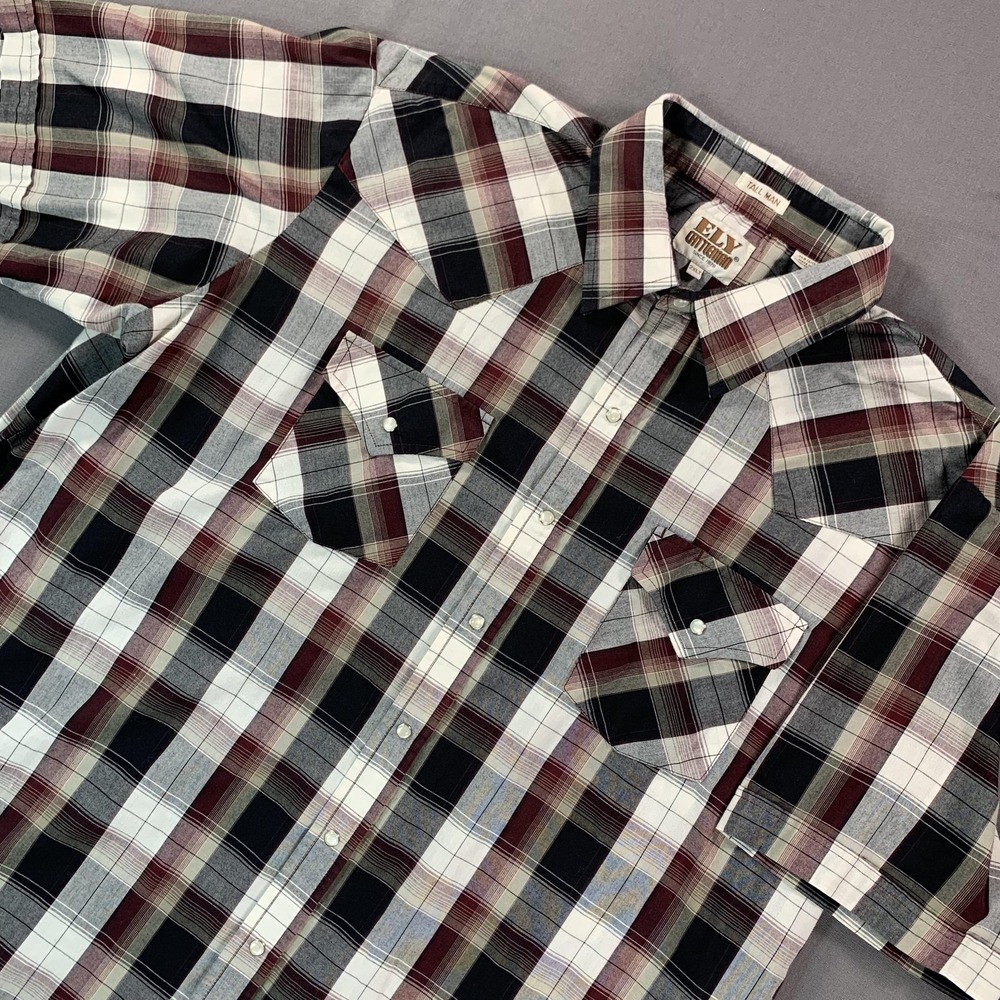 VTG Ely Cattleman Shirt Men 2XT Black Burgundy Plaid Western Pearl Snap Tall Man